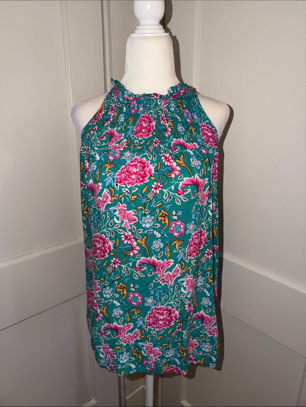 Women’s Anne Carson Teal Floral Halter Tank Top with Pink Accents Medium